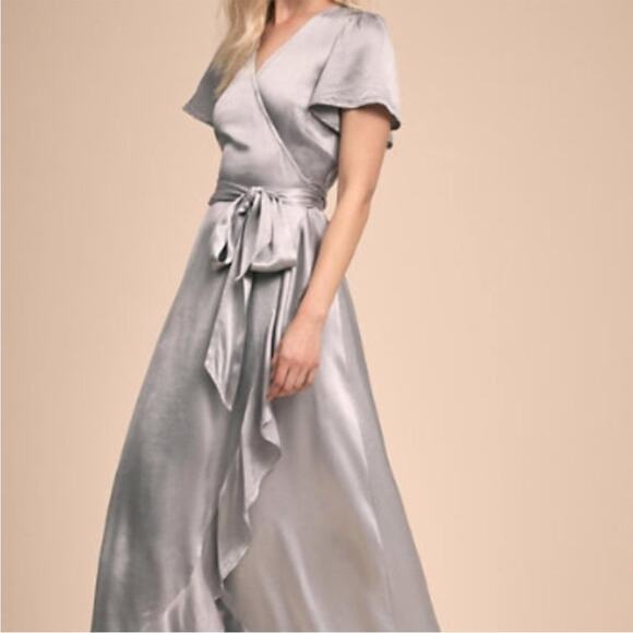 Anthropologie Ghost London Phoebe Silver Wrap Maxi Dress Flutter Sleeve XL BHLDN - Picture 1 of 13